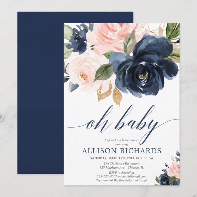 Oh baby floral pink and navy blue girl baby shower invitation (Front/Back)