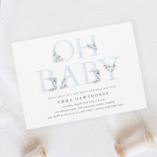 Oh Baby Floral Typography Boys Baby Shower Invitation