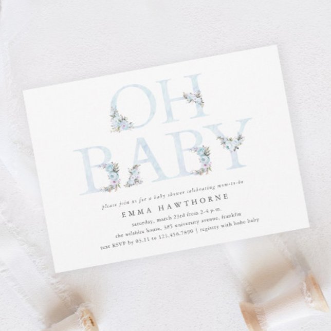 Oh Baby Floral Typography Boys Baby Shower Invitation (Oh Baby Elegant Floral Typography Blue Boys Baby Shower Invitation.)