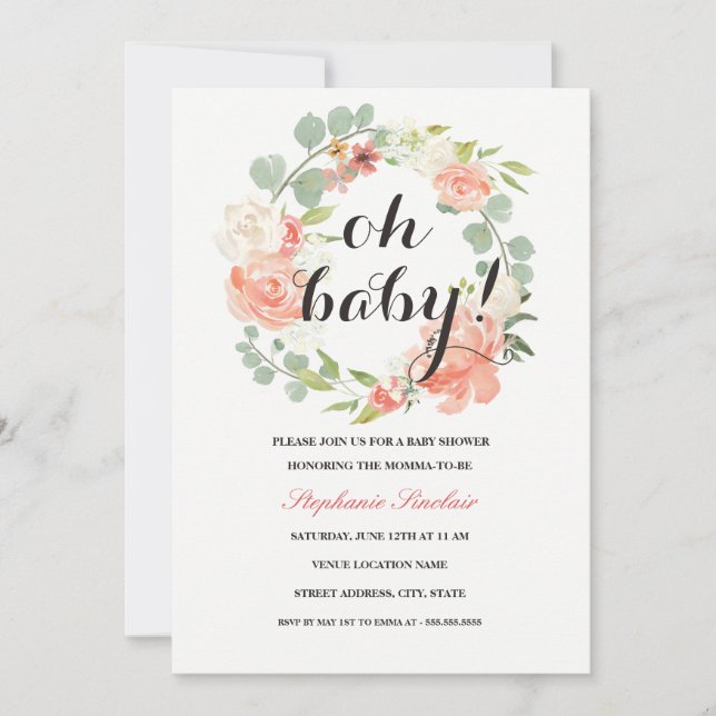 Oh Baby Floral Wreath Baby Shower Invitation (Front)