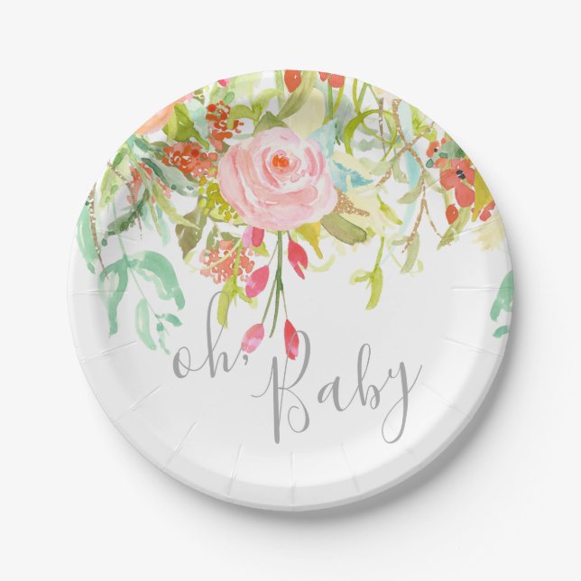 oh Baby Garden Floral Pink Grey Shower Party Event Paper Plate (Front)