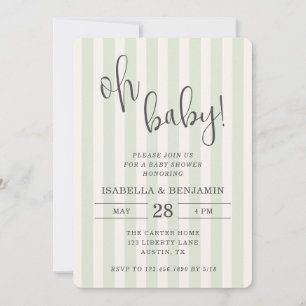 Oh Baby Gender Neutral Green Striped Baby Shower Invitation