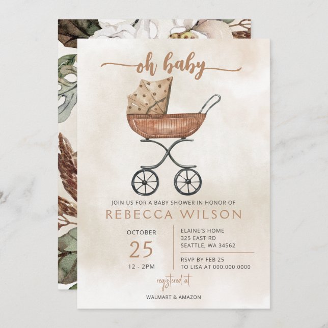 Oh Baby Gender Neutral Pram Boho Baby Shower  Invitation (Front/Back)