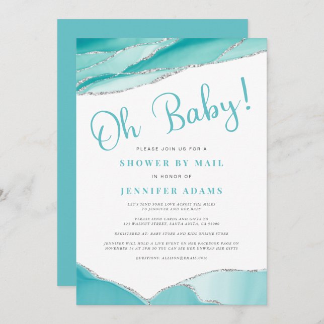 Oh Baby Geode Shower by Mail Teal Silver Invitation (Front/Back)