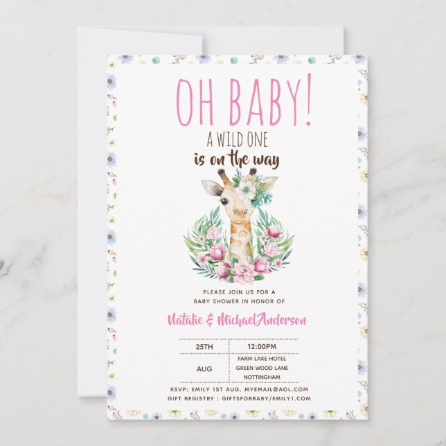 Oh Baby Giraffe A Wild One Safari Animal Floral Invitation (Front)