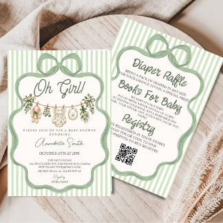 Oh Baby Girl All In One Baby Shower Sage Green Bow Invitation
