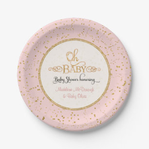 OH BABY Girl Baby Shower Gold Confetti Typography Paper Plate