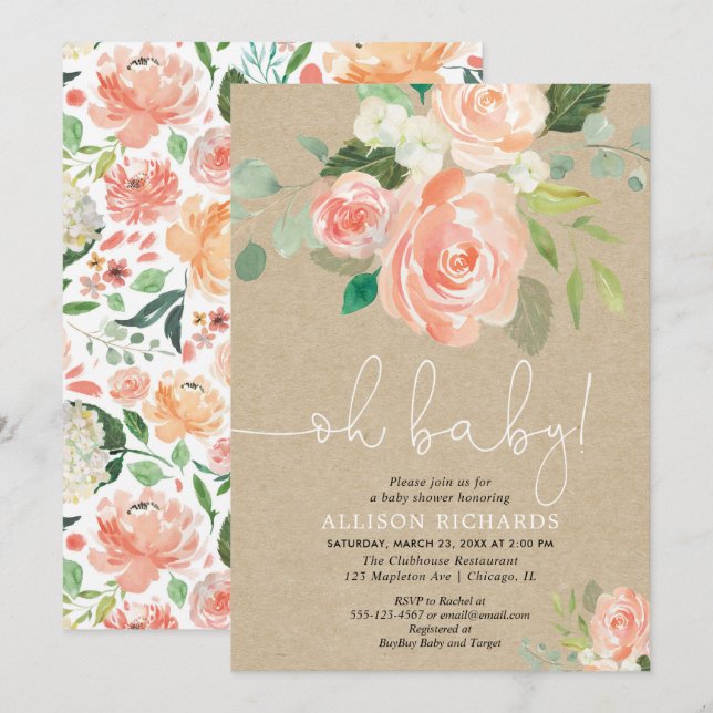Oh baby girl baby shower rustic kraft floral invitation (Front/Back)