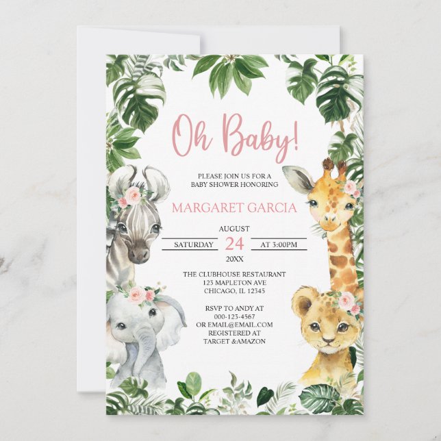 Oh Baby Girl Jungle Safari Animals Baby Shower Invitation (Front)