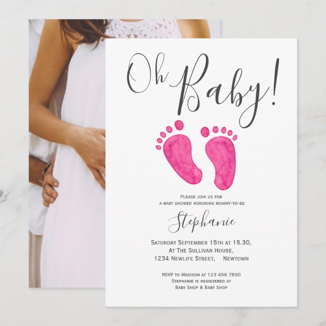 Oh Baby Girl Pink Feet Photo Baby Shower Invitation (Front/Back)
