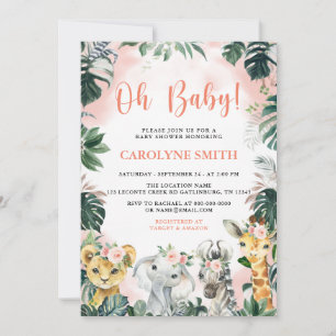 Oh Baby Girl Safari Animals Baby Shower Invitation