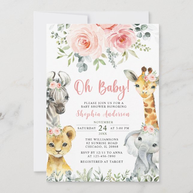 Oh Baby Girl Safari Animals Baby Shower Invitation (Front)