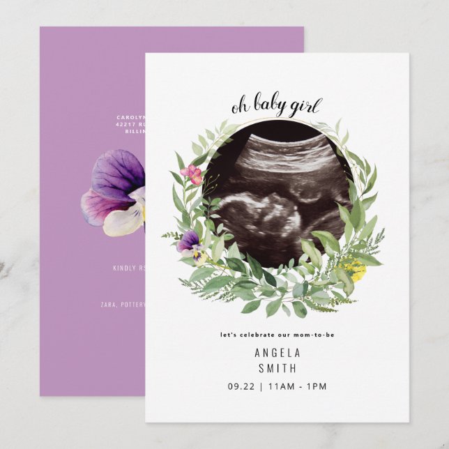 Oh Baby Girl Ultrasound Floral Sweet Invitation (Front/Back)