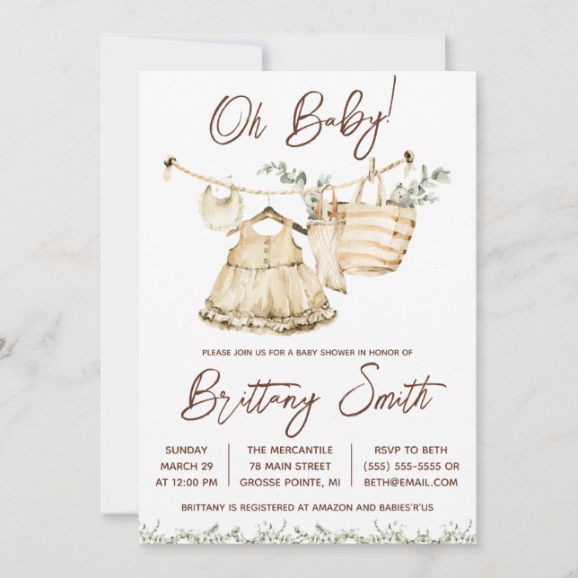 Oh Baby, Girls' Layette, Eucalyptus Baby Shower Invitation (Front)
