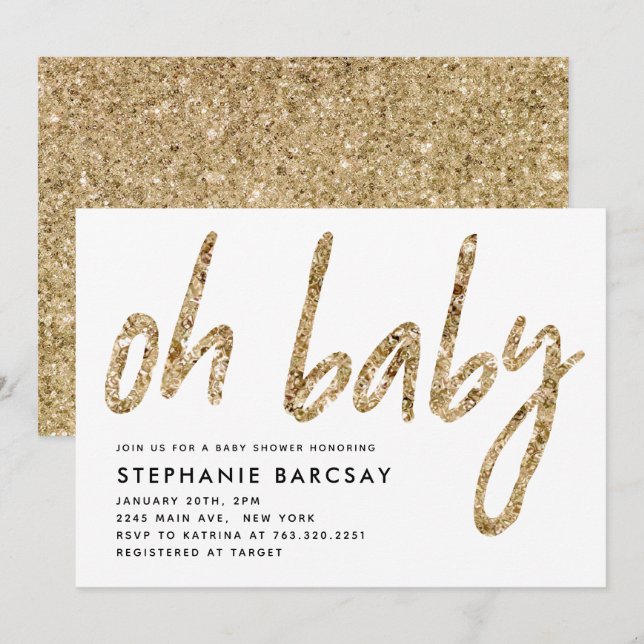 Oh Baby Glam Gold Glitter Baby Shower Invitation (Front/Back)