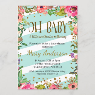 Oh Baby, gold and mint baby shower invitation