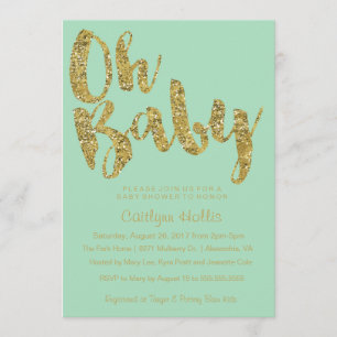 Oh Baby Gold Glitter and foil on mint Baby Shower Invitation