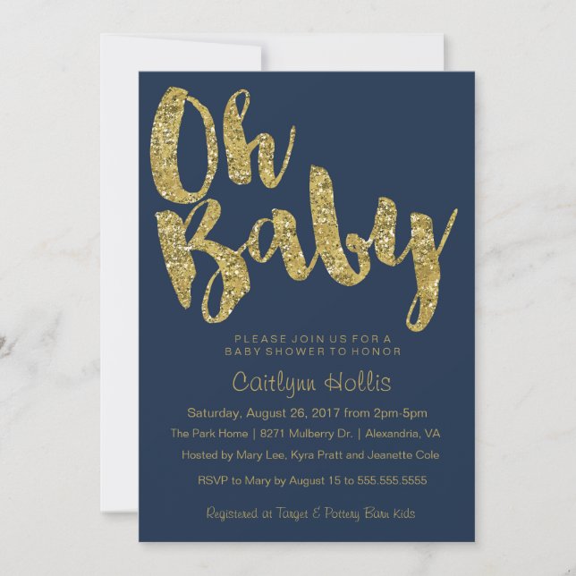 Oh Baby Gold Glitter and foil on navy Baby Shower Invitation (Front)