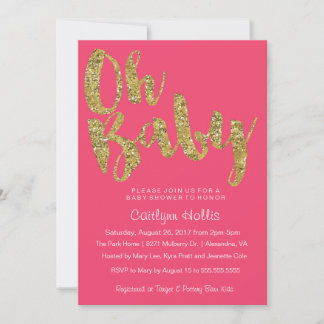 Oh Baby Gold Glitter and foil on pink Baby Shower Invitation