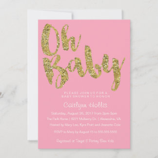 Oh Baby Gold Glitter and foil on pink Baby Shower Invitation