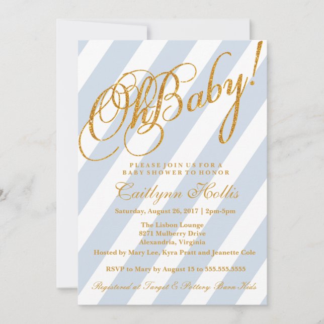 Oh Baby Gold Glitter Stripe Baby Shower Invitation (Front)