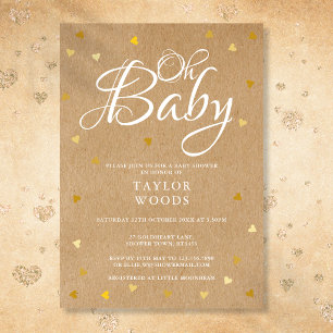 Oh Baby Gold Hearts Baby Shower Rustic Kraft Boho Invitation