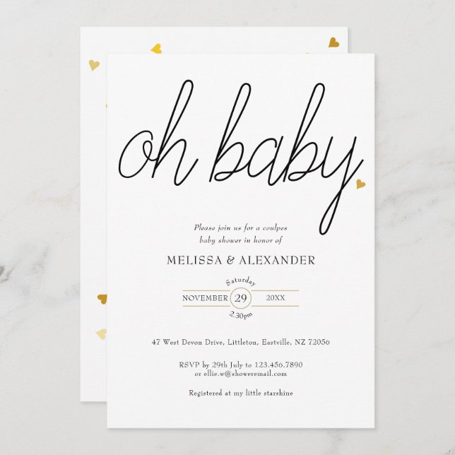 Oh Baby Gold Love Heart Couples Baby Shower Invitation (Front/Back)