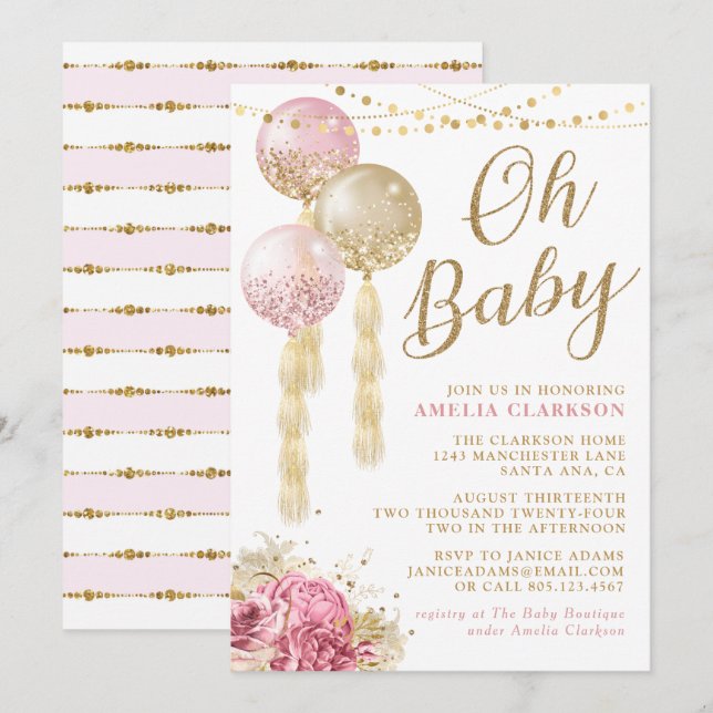 Oh Baby Gold & Pink Balloons Baby Shower Invitation (Front/Back)