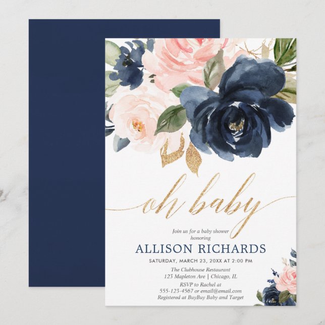 Oh baby gold pink navy floral girl baby shower invitation (Front/Back)