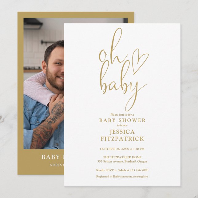 Oh Baby Gold Script Heart Photo Baby Shower Invitation (Front/Back)