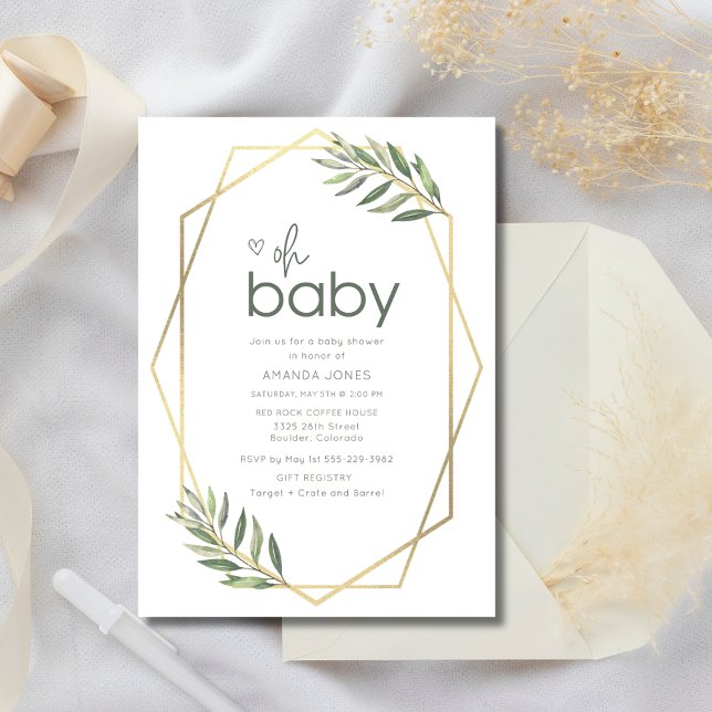 Oh Baby Greenery and Gold Baby Shower Invitation (Oh Baby Greenery and Gold Baby Shower Invitation)