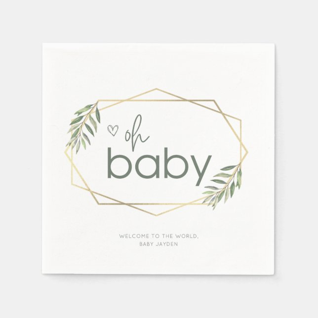 Oh Baby Greenery and Gold Baby Shower Napkin (Front)