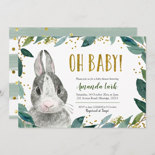 Oh Baby Greenery Bunny Baby Shower Invitation (Front/Back)
