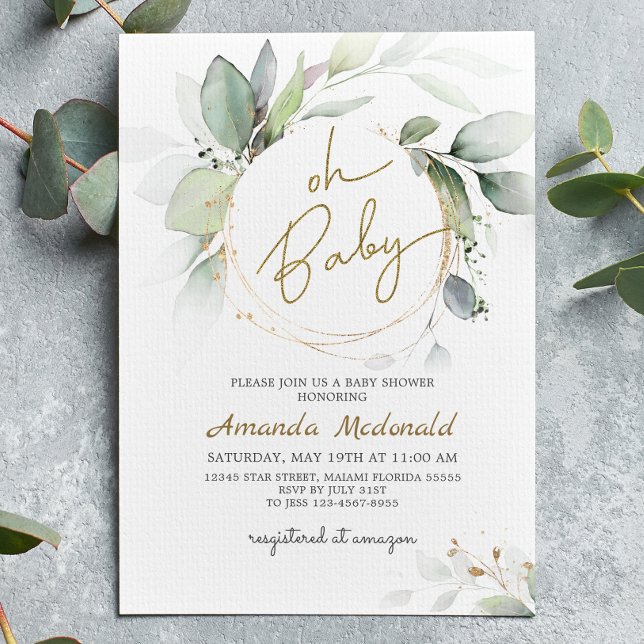 Oh Baby Greenery Gold Foliage Eucalyptus Invitatio Invitation (Creator Uploaded)