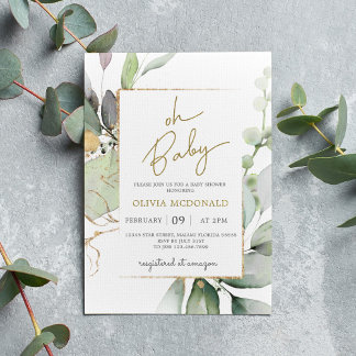 Oh Baby Greenery Gold Frame Eucalyptus Invitation
