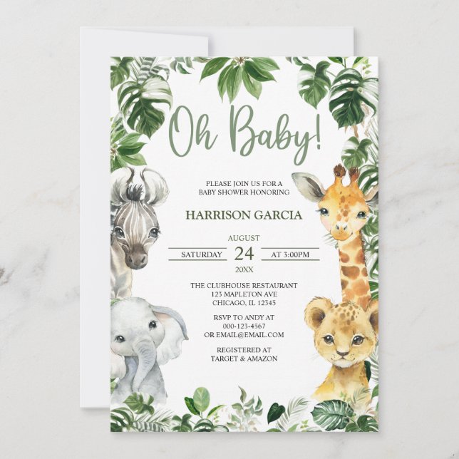 Oh Baby Greenery Jungle Safari Animals Baby Shower Invitation (Front)