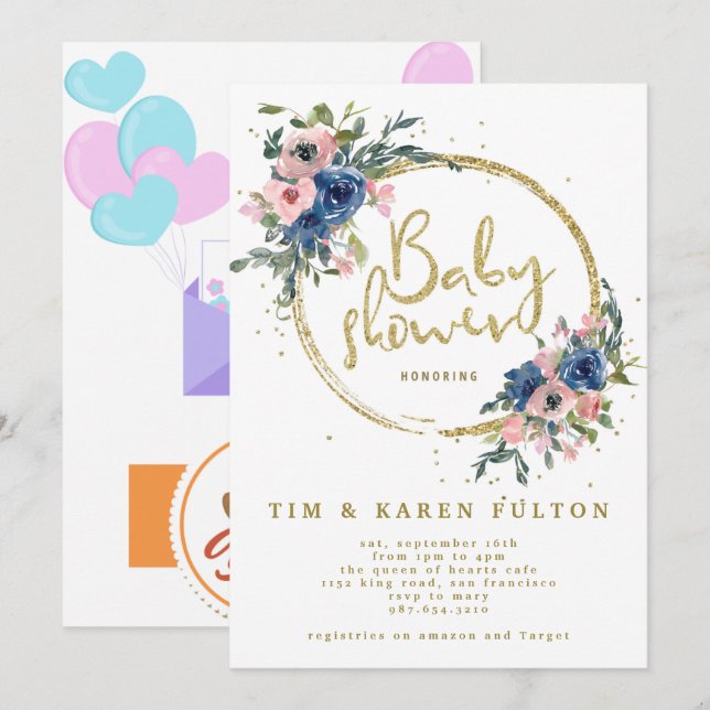 Oh baby greenery pink gold floral girl baby shower invitation (Front/Back)