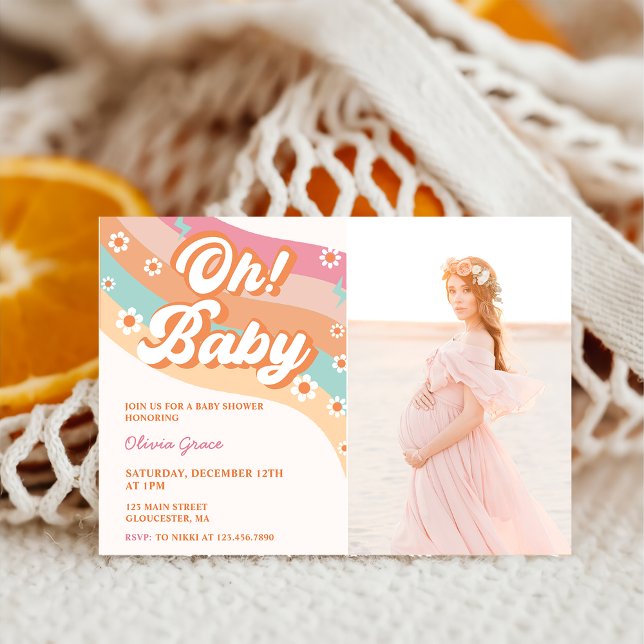 Oh! Baby Groovy Retro Daisy Baby Shower Party Invitation (Creator Uploaded)