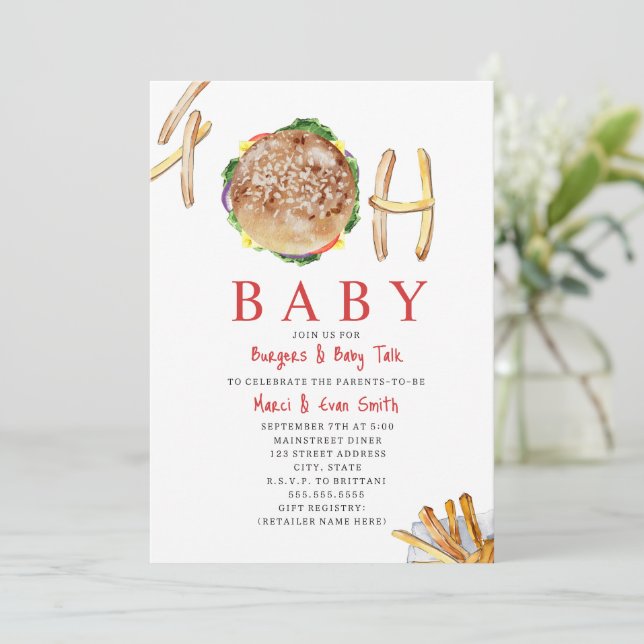 Oh Baby Hamburger and Fries Co Ed Baby Shower Invi Invitation (Standing Front)