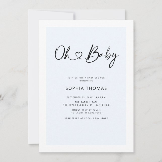 Oh Baby Heart Font Minimal Soft Blue Baby Shower Invitation (Front)