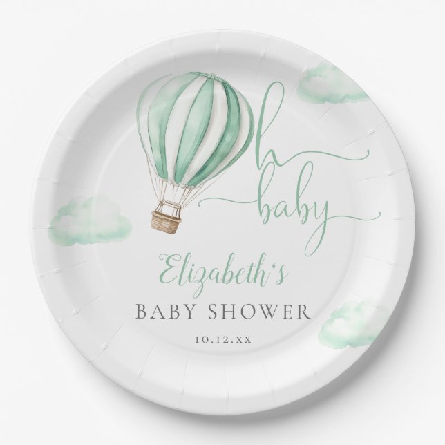 Oh Baby Hot Air Balloon Gender Neutral Baby Shower Paper Plate (Front)