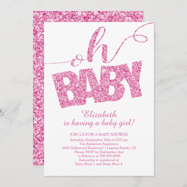 Oh Baby!  Hot Pink Glitter  Baby Shower Invitation (Front/Back)