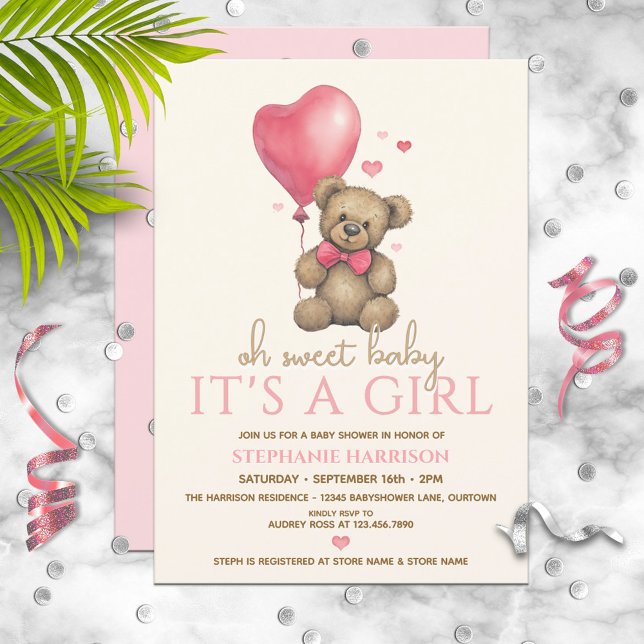 Oh Baby It's a Girl Teddy Bear Baby Shower Invitation (Creator Uploaded)