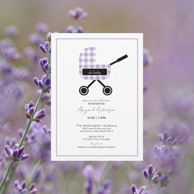 Oh Baby Lavender Gingham Pram Baby Shower   Invitation (Creator Uploaded)