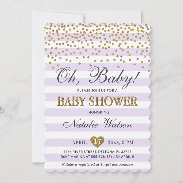 Oh Baby Lavender Purple and Gold Girl Baby Shower Invitation (Front)