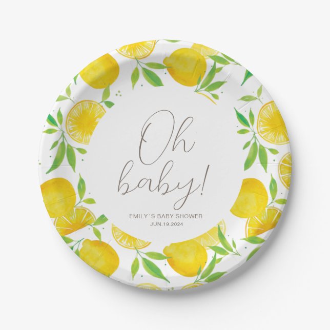 Oh Baby Lemon Watercolor Baby Shower  Paper Plate (Front)