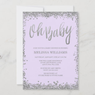 Oh Baby Lilac Purple Silver Glitter Baby Shower Invitation