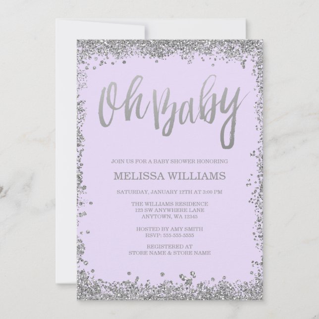 Oh Baby Lilac Purple Silver Glitter Baby Shower Invitation (Front)