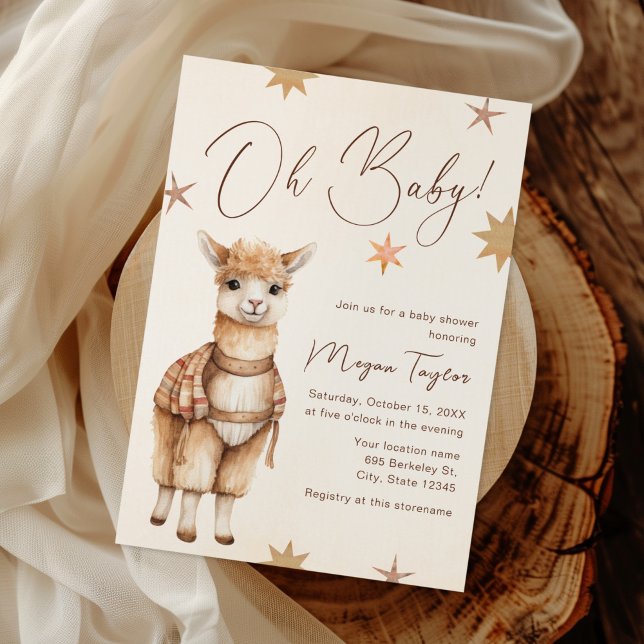 Oh Baby Llama Boho Beige Baby Shower Invitation (Creator Uploaded)
