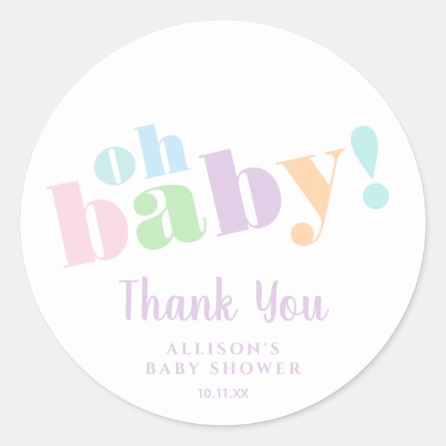 Oh Baby Minimal Pastel Baby Shower Thank You Classic Round Sticker (Front)